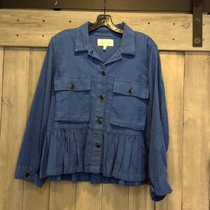 The Great Royal Blue Cotton Jacket with Large Ruffled Hem
